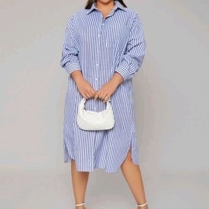 Plus pinstriped drop shoulder shirt dress